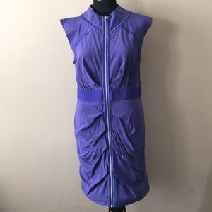 Bebe purple silk dress with ruching sz L cap sleev